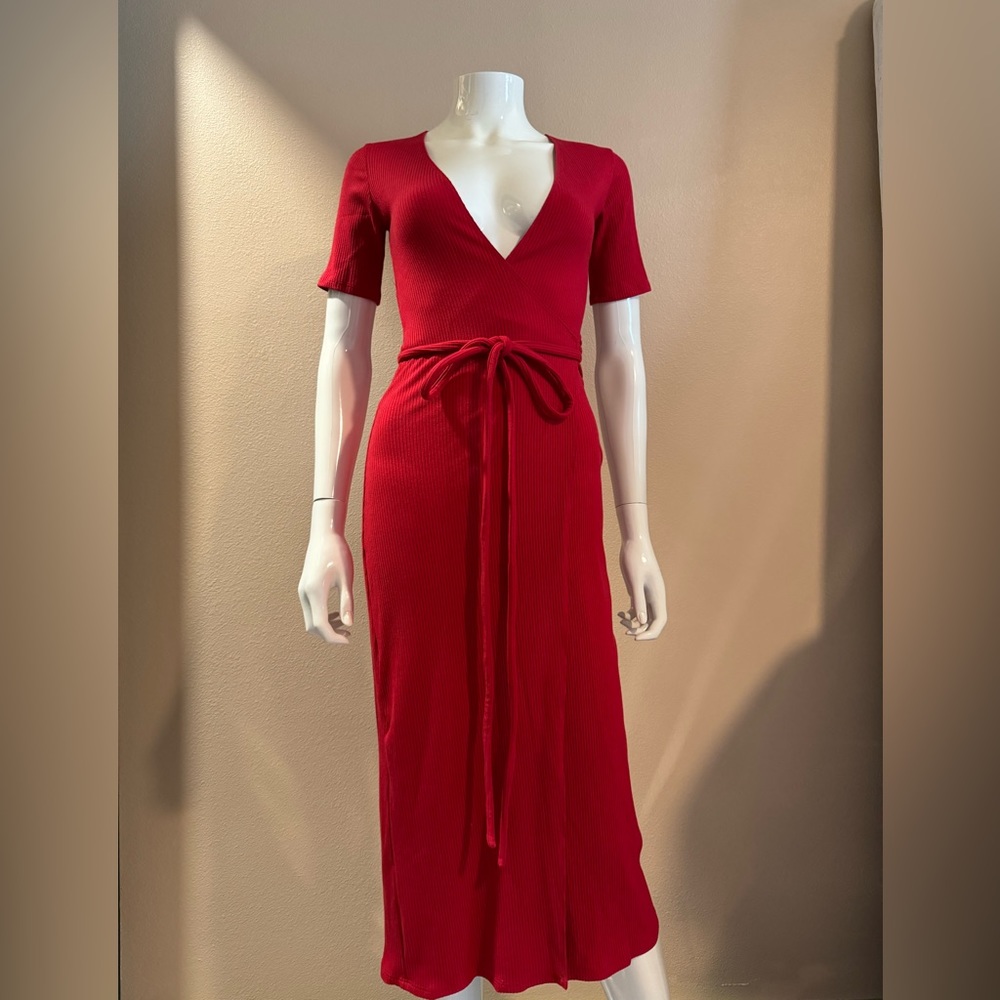 -REFORMATION Britton Ribbed Wrap Midi Dress in Cherry Women's Size XS